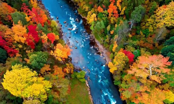 Aerial View Of Forest River With Autumn Trees
