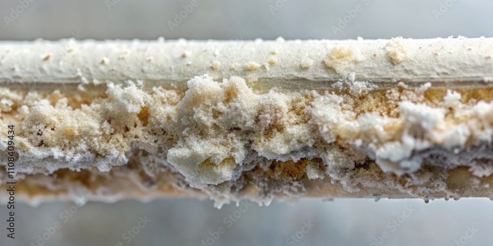 Poster a close-up of a pipe covered in a thick layer of white, crystallized mineral deposits, a result of h