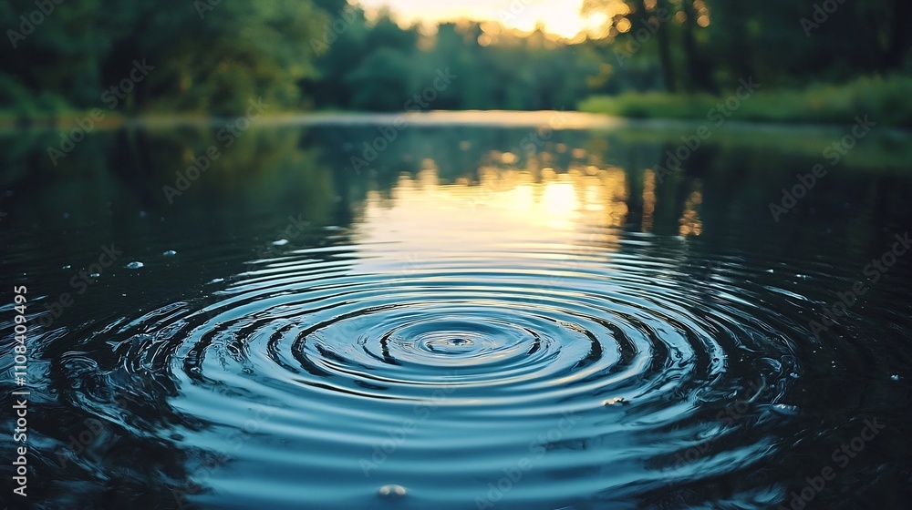 Poster serene pond with a gentle ripple effect and soft reflective light shimmering on the calm water surfa