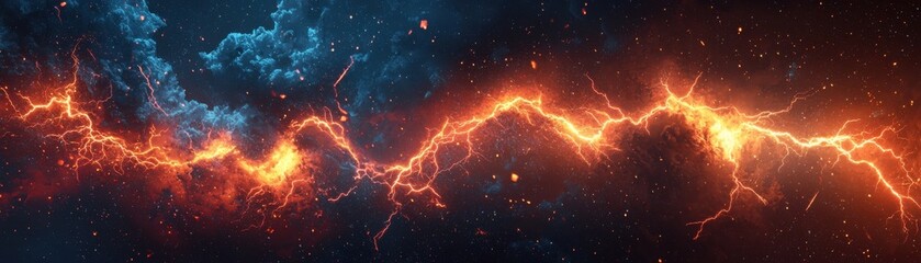 A stunning visual of a lightning storm, showcasing vibrant orange and blue energy against a cosmic backdrop.