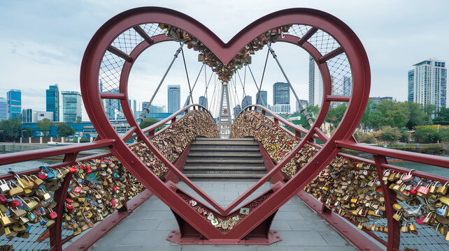 Heart-shaped bridge adorned with love locks in a city park during daytime with urban skyline in the background