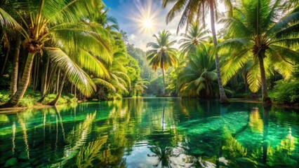 Obraz premium A Serene Oasis of Palm Trees and Tranquil Water, Bathed in the Golden Glow of a Sun-Kissed Sky
