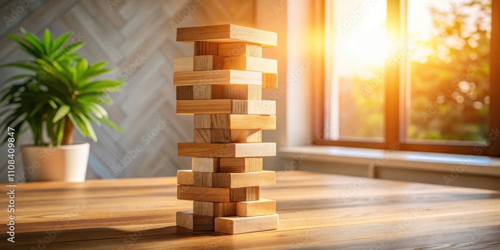 Aufkleber a precariously balanced wooden block tower on a wooden table with a sunny window in the background