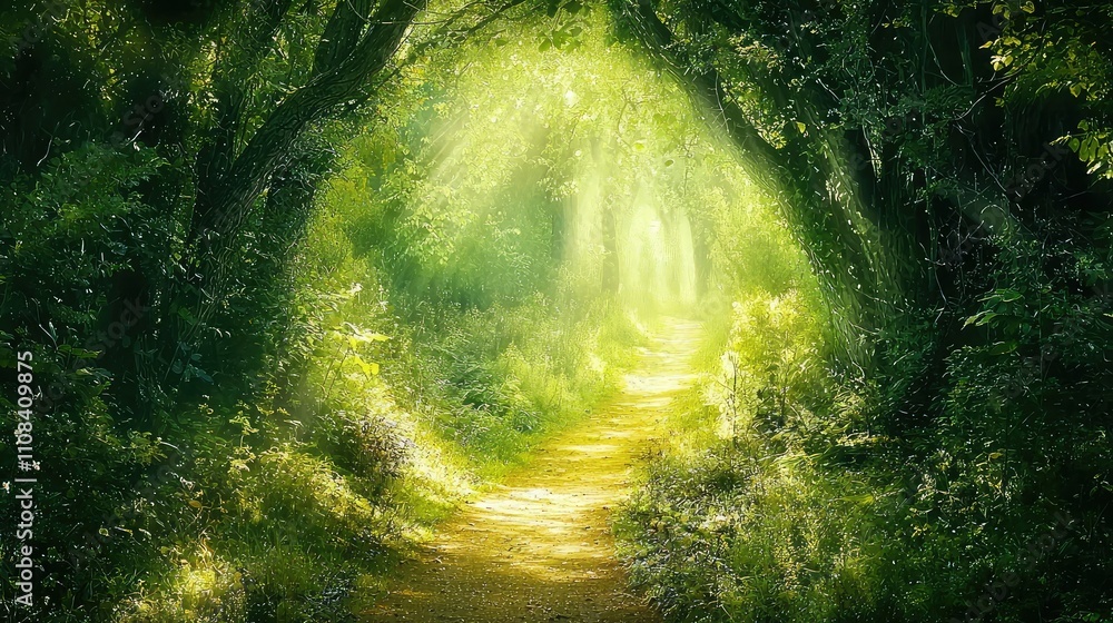 Poster sunlit forest path with dappled light filtering through lush greenery, inviting nature walks in a se