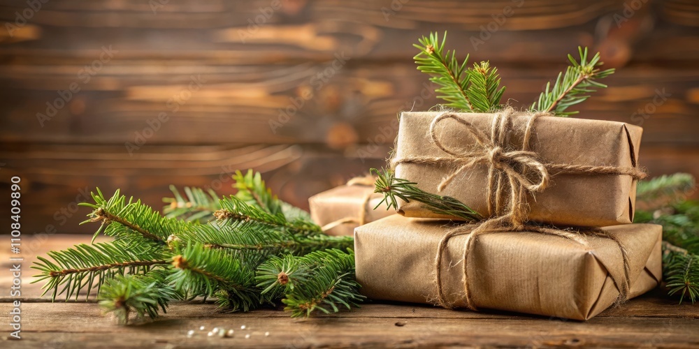 Poster wrapped gifts with rustic twine and a touch of evergreen branches on a wooden table