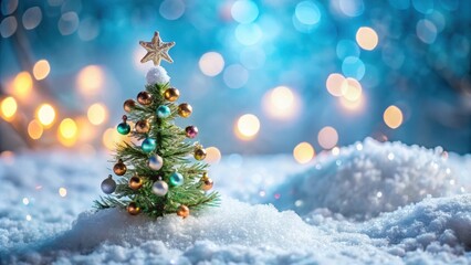 A miniature Christmas tree adorned with colorful ornaments stands proudly amidst a snowy landscape, bathed in the warm glow of twinkling lights.