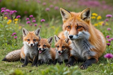 Fototapeta premium Playful Fox Family Relaxing in Colorful Meadow