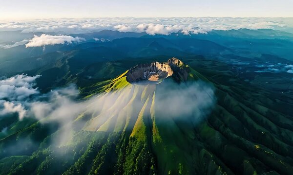 Aerial View Of High Mountain Peaks And Green Land