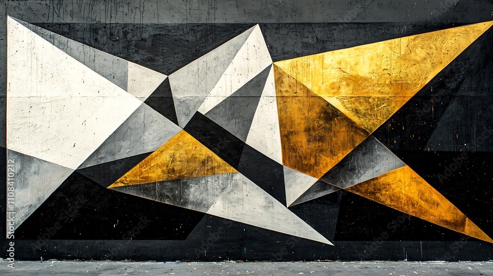 Poster striking geometric abstract art piece featuring sharp triangles and cubes in bold contrasting tones 