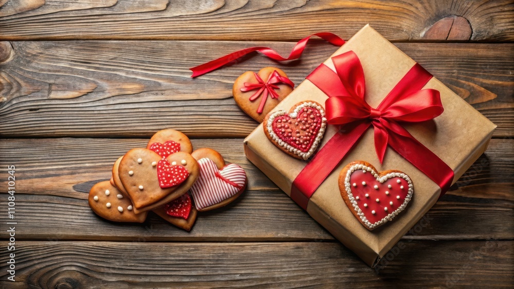 Poster heart-shaped cookies and a gift box with a red ribbon on a rustic wooden background