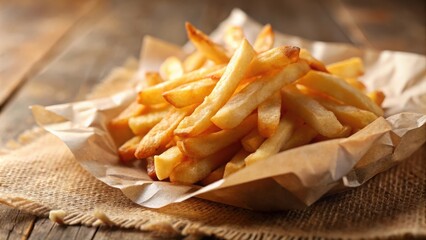 A Heap of Golden-Brown French Fries Resting in a Crumpled Paper Bag on a Rustic Wooden Surface