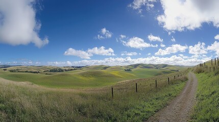 Obraz premium Expansive Scenic View of Sunny Countryside with Rolling Hills Under Bright Blue Sky, Showcasing Lush Greenery and Vibrant Natural Beauty
