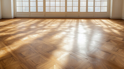 Obraz premium An elegant room with brown walls and parquet flooring is vacant, perfect for a copy space image