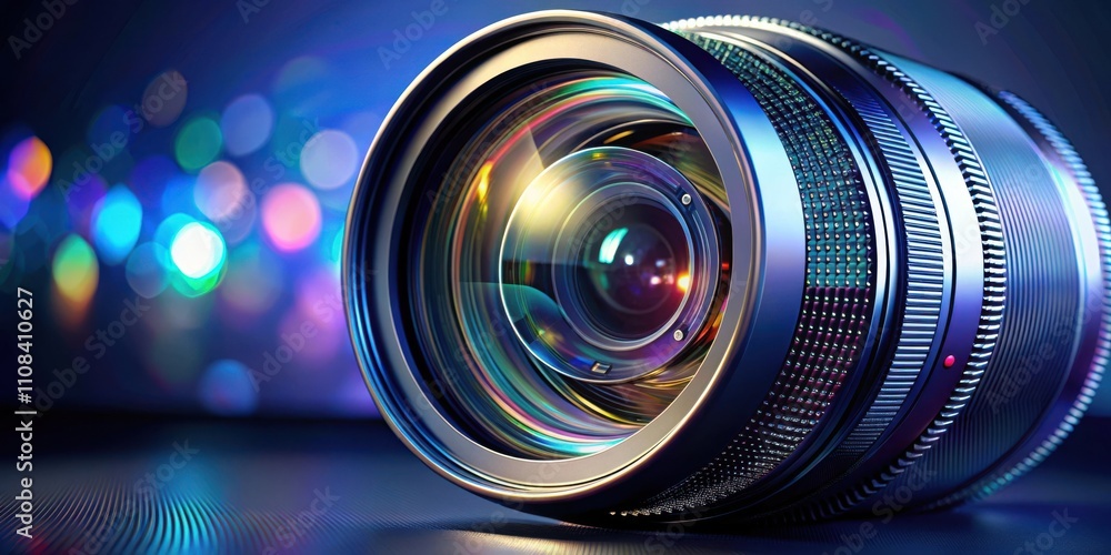 Poster a close-up of a camera lens with intricate details, capturing the light and creating a sense of dept