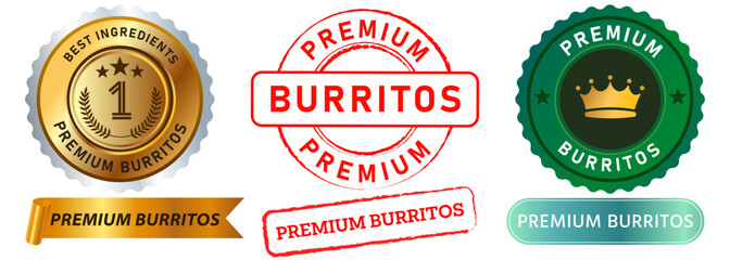 Premium burritos Latin America cuisine authentic best quality food dish appetizer restaurant menu stamp colorful badges emblem sticker label banner ribbon seal design icon set collection