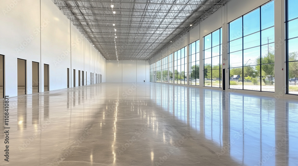 Poster an empty warehouse with concrete floors and a large window