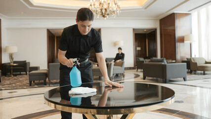 Obraz premium A hotel staff member meticulously wiping down a glass table with a cleaning cloth and spray bottle, in a luxurious lobby setting