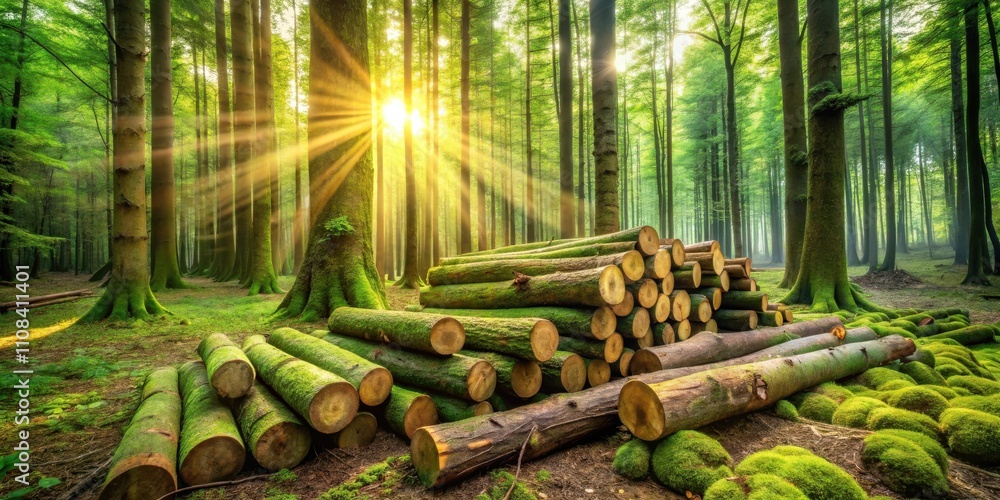 Aufkleber A Golden Glow Illuminates a Forest Path, Where Sunlight Filters Through the Dense Canopy, Casting Long Shadows on the Mossy Ground and a Stack of Logs Resting Beneath the Trees