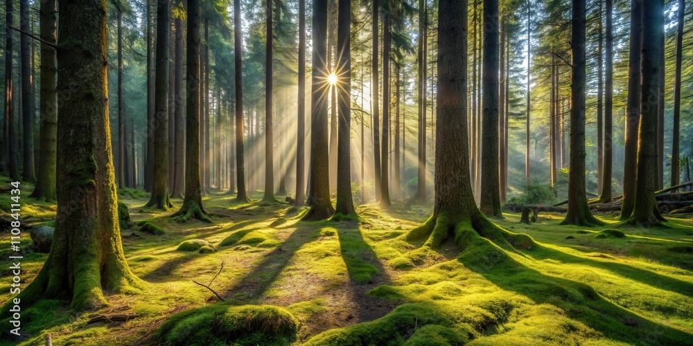 Poster sunlight streams through the dense canopy of a forest, casting long shadows on the mossy ground.
