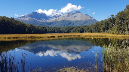 Fototapeta premium Tranquil mountain lake surrounded by untouched evergreen forest with majestic snow capped peaks reflected in the still glassy waters under a picturesque summer sky