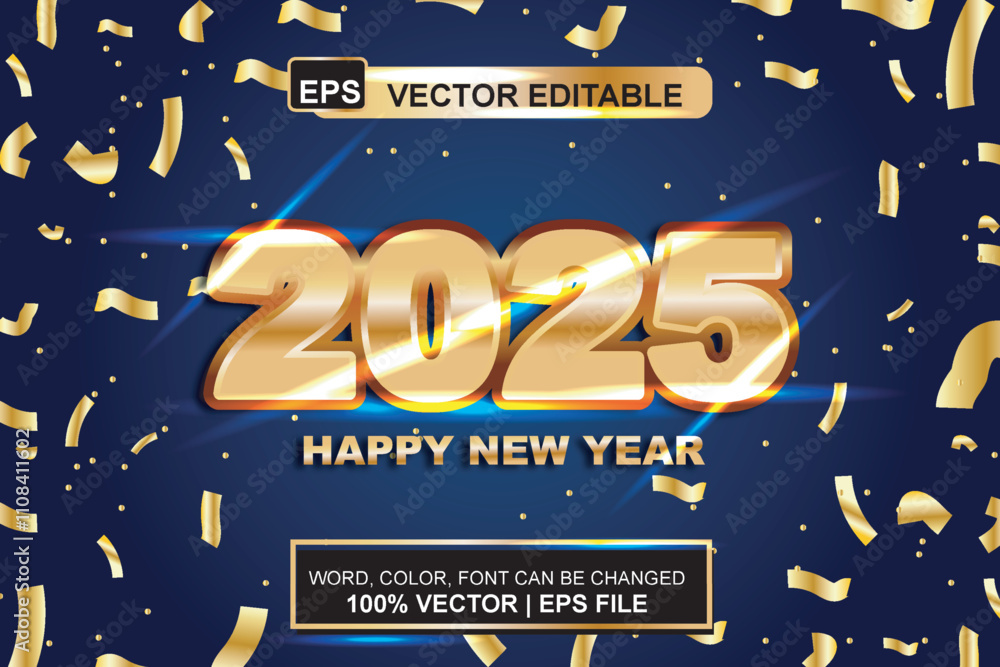 Aufkleber new year 2025 3d text effect typography with golden color that can be edited and changed