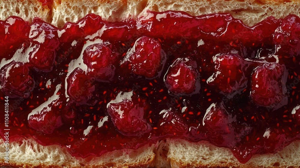 Poster thick layer of raspberry jam spread generously on freshly baked bread, showcasing rich color and tex
