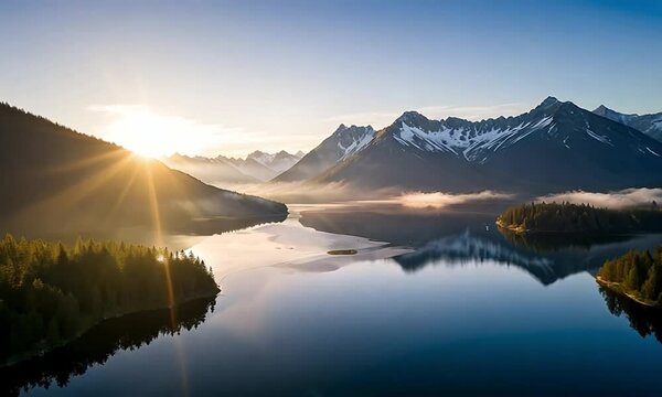 Aerial View Of Mountain Lake At Dawn