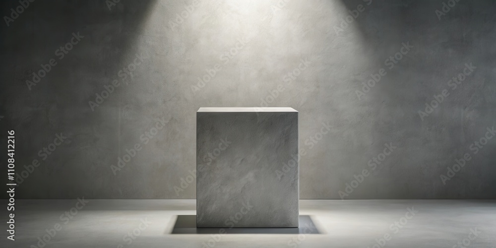 Poster a simple concrete pedestal sits in the center of a room with a spotlight overhead and a textured wal