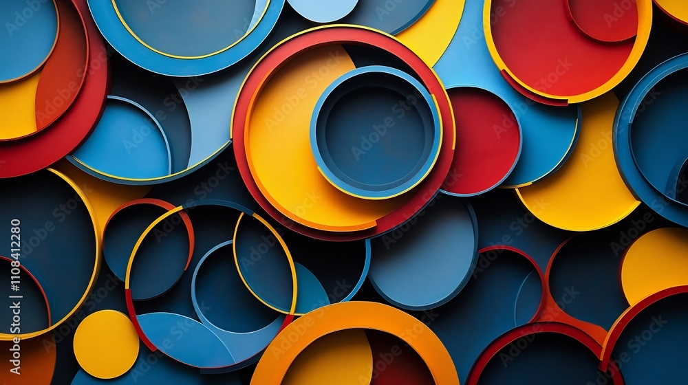 Poster vibrant abstract geometric composition featuring dynamic overlapping circles and lines in bold prima