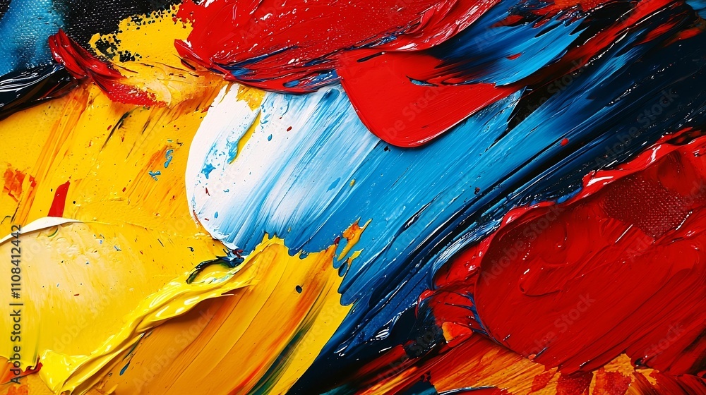 Poster vibrant chaotic abstract art design with bold splashes of colorful paint creating a sense of energy 