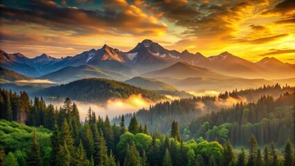 Obraz premium A Majestic Mountain Range Bathed in the Warm Glow of a Golden Sunrise, with a Serene Forest and Mist Below