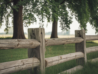 Naklejka premium Rustic wooden fence surrounded by lush greenery under a tranquil sky in a rural landscape