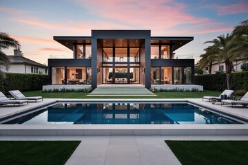 Fototapeta premium Stunning Modern Estate Front View Featuring Elegant Design and Large Windows