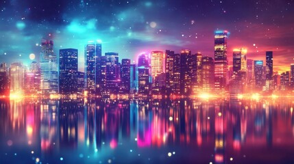 Fototapeta premium Neon Cityscape at Night: A Vibrant Urban Reflection