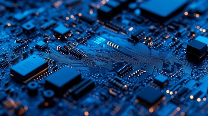 Electronic. Machine for the production of miniature printed circuit boards on a blue background. Device with the ability to control the process of production of electronic components by the operator.