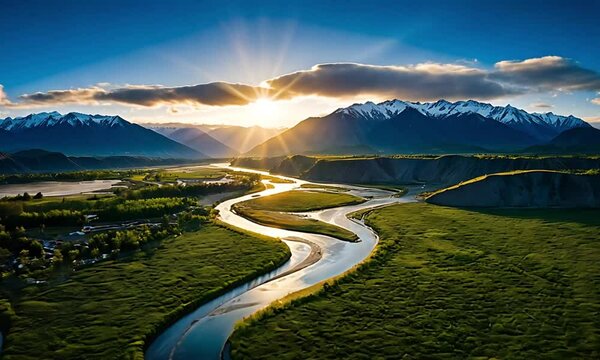 Aerial View of River and Mountain Landscape