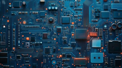 Electronic. Machine for the production of miniature printed circuit boards on a blue background. Device with the ability to control the process of production of electronic components by the operator.