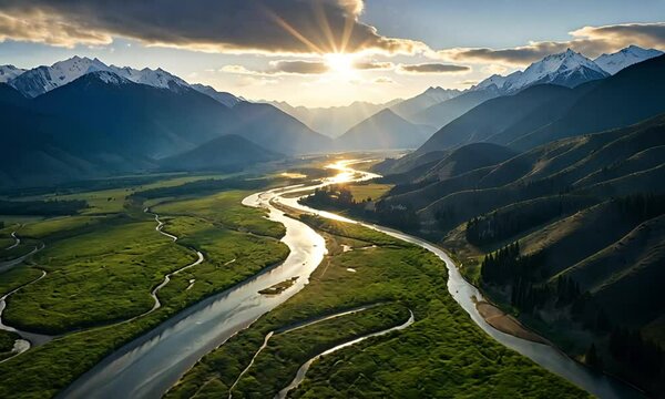 Aerial View Of River With Mountain Backdrop