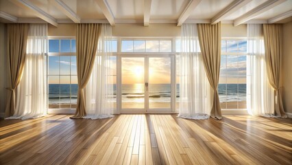 Sunlight Streams Through Sheer Curtains in a Room With a View of a Sunset Over the Ocean