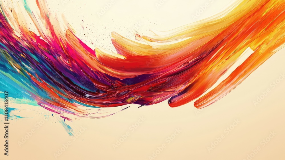 Poster vibrant abstract brushstrokes of bright colors creating a dynamic flow of light and energy on a soft