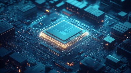 Futuristic microchip processor with lights on blue background. Quantum computer large data processing database concept. cpu isometric banner. Central computer processor CPU concept.
