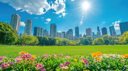 Fototapeta premium Stunning City Park Scene with Vibrant Blooming Flowers Under Bright Blue Sky and Radiant Sunlight Showcasing Urban Landscape in Full Bloom