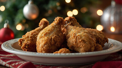Crispy fried chicken drumsticks on a white plate, Christmas tree lights in background.