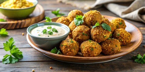 Plate of crispy falafel balls served with tangy tahini sauce for dipping, falafel, crispy, Middle Eastern