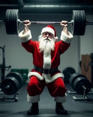 Santa Claus lifting weights at the gym