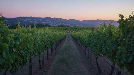 Fototapeta premium Serene Vineyard at Sunrise with Lush Rows of Grape Vines Surrounded by Rolling Hills and a Colorful Sky, Capturing Nature's Beauty and Tranquility