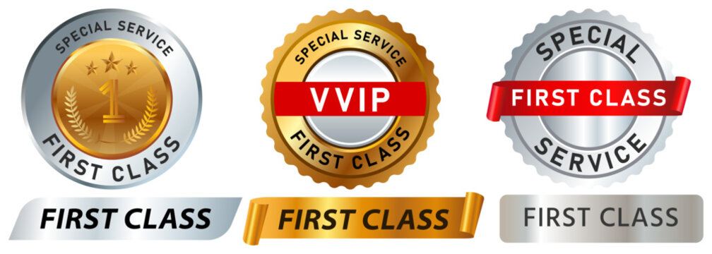 First class elite grade VIP important priority service customer special stamp gold silver badges emblem sticker banner label button medallion medal design icon set collection