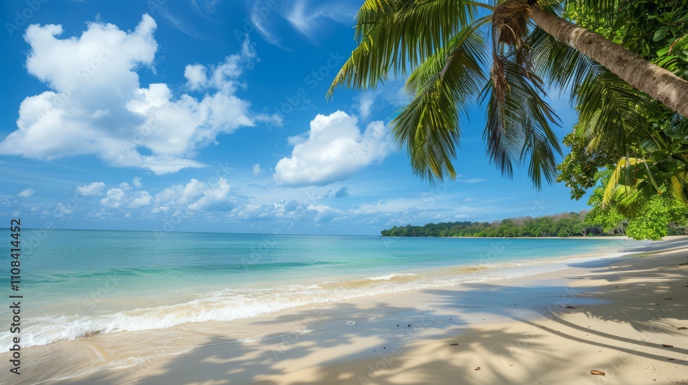 Poster A beautiful beach with a palm tree in the foreground. The sky is blue and there are some clouds in the background