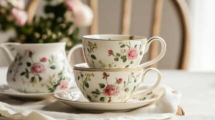 Fototapeta premium Vintage Porcelain Cups with Floral Pattern and Saucers on a Table Setting, Perfect for Tea Parties, Home Decor, or Collecting Antique Tableware