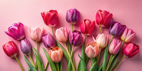 Obraz premium A vibrant bouquet of tulips in shades of pink, purple, and red, arranged in a charming pattern against a soft pink background.